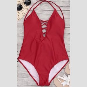 Sliming red lace up monokini